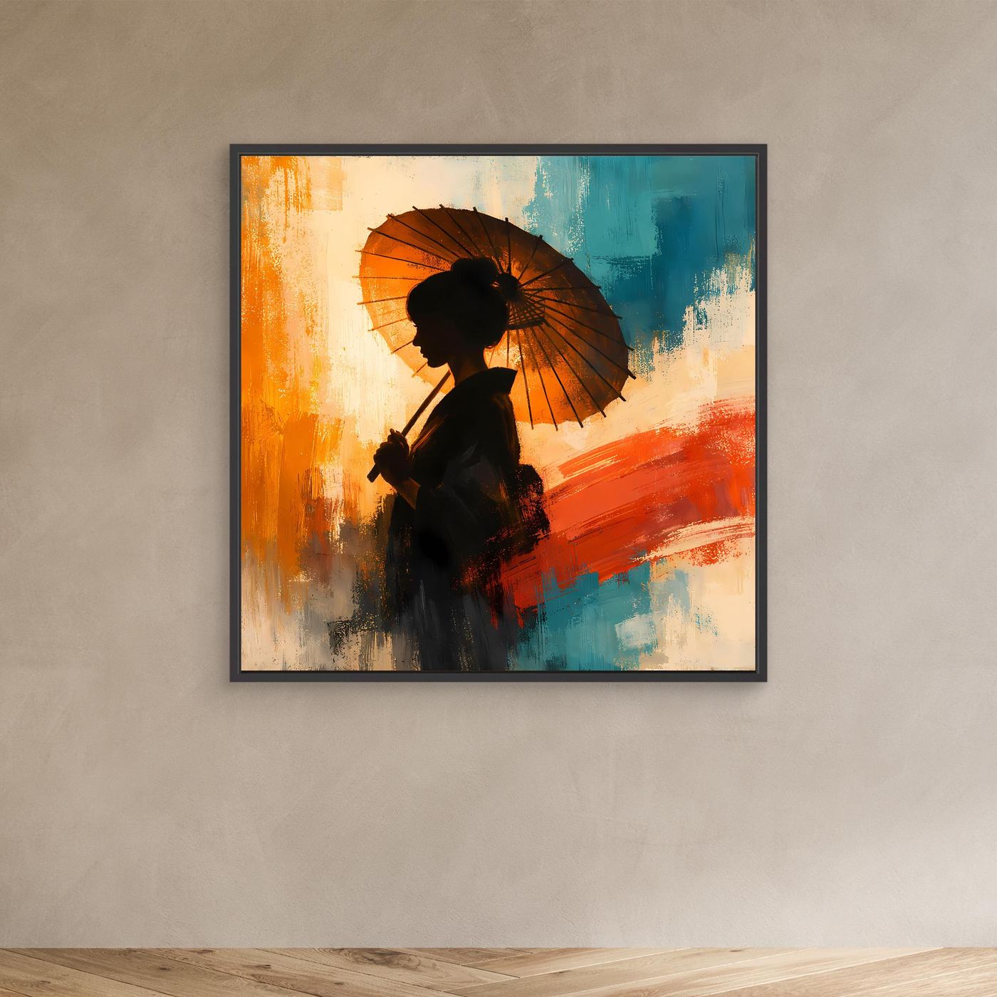 Leinwand Elegante Frau mit Sonnenschirm | Ästhetisches Japanisches Wandbild auf Keilrahmen