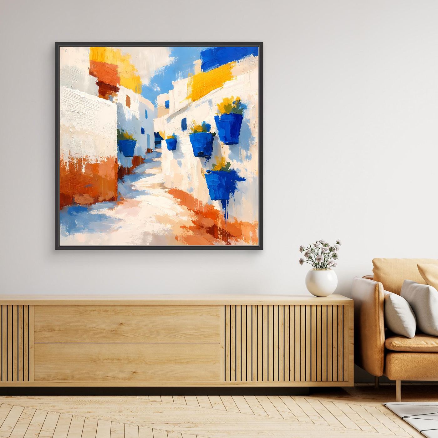 Leinwand Griechische Gasse mit blauen Blumentöpfen | Abstraktes Santorin Wandbild