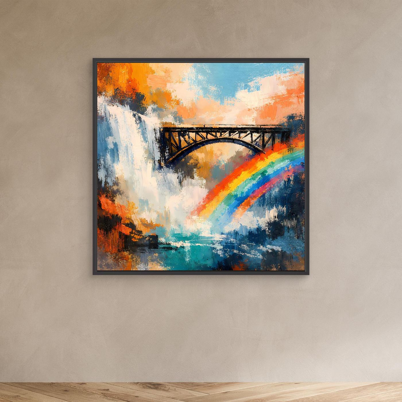 Abstraktes Leinwand-Wandbild mit Wasserfall, Brücke und Regenbogen im schwarzen Rahmen