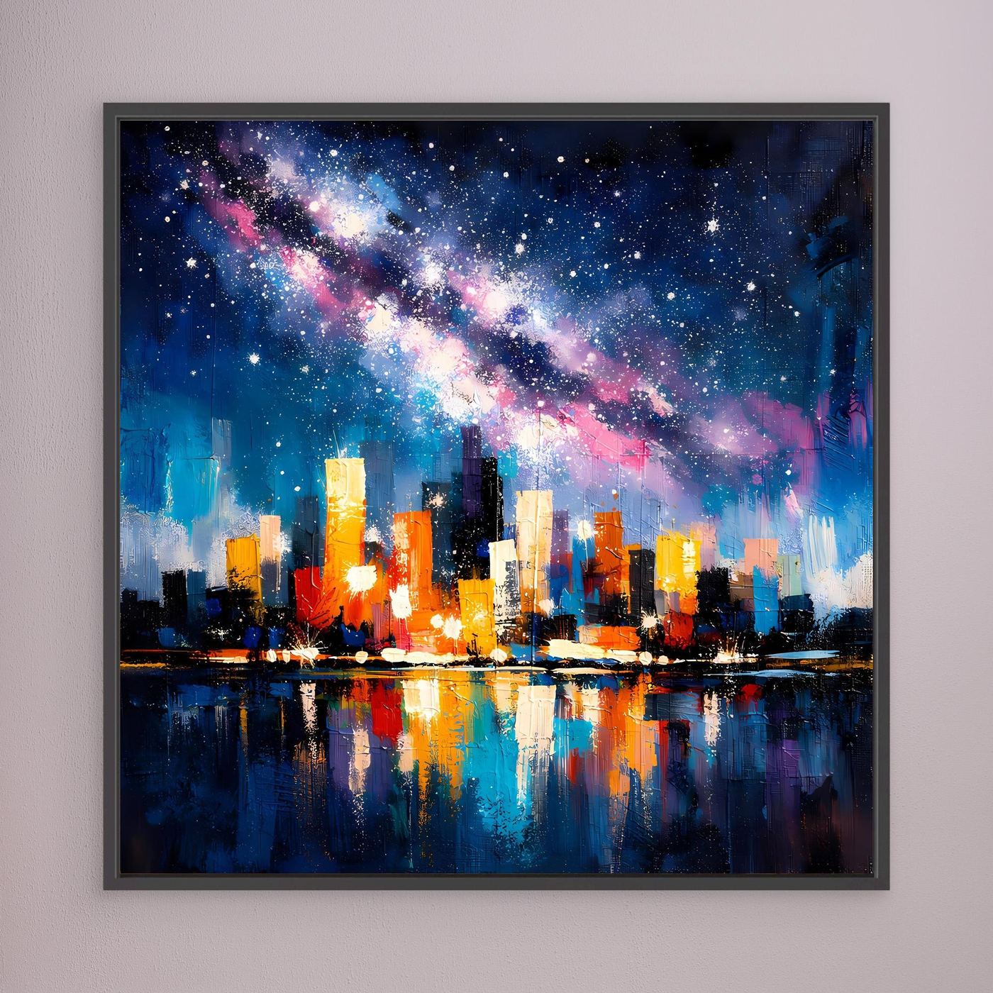 City skyline canvas wall art with glowing buildings and Milky Way reflections, black frame