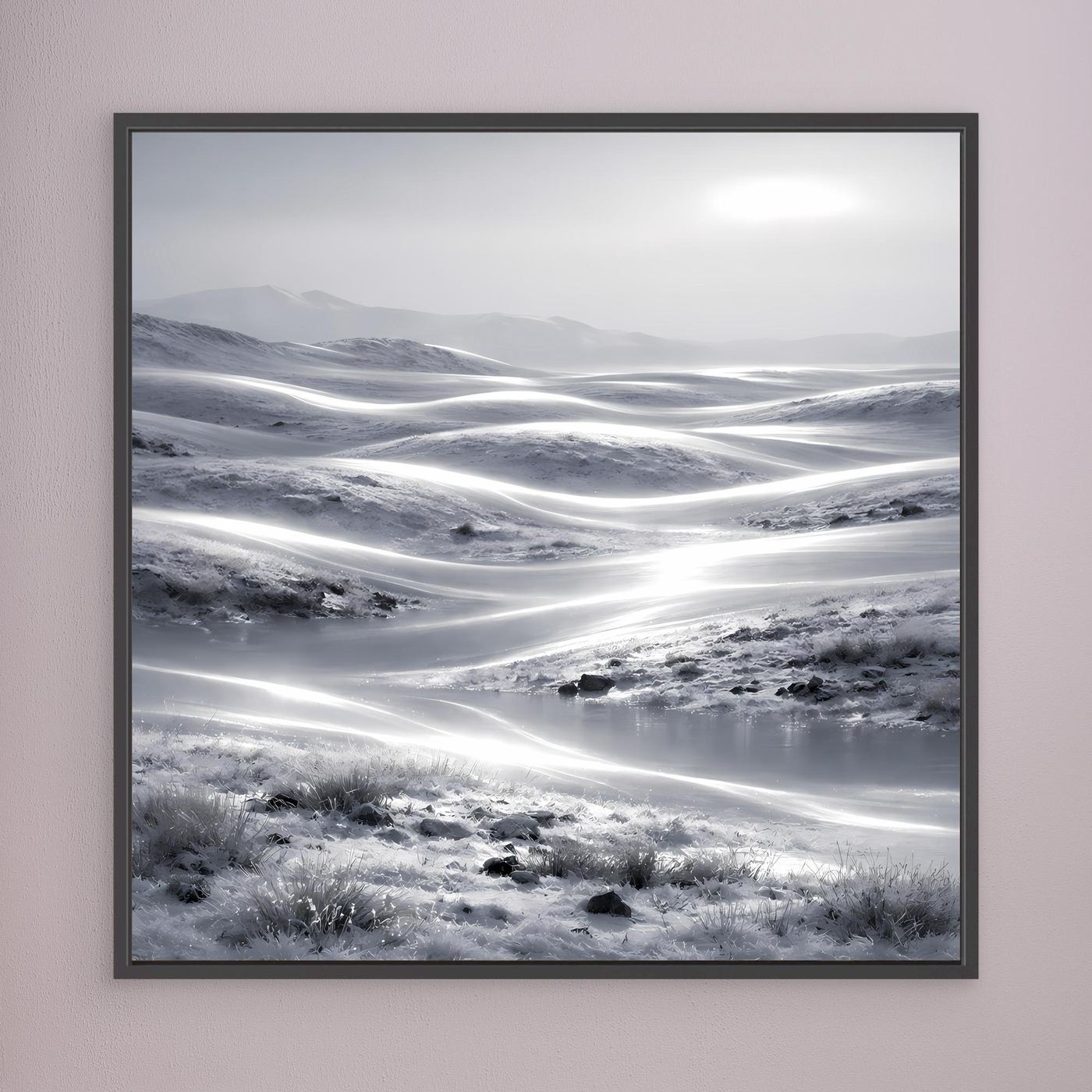 Leinwandbild Winterlandschaft mit schwarzem Rahmen, schneebedeckte Wellenlandschaft