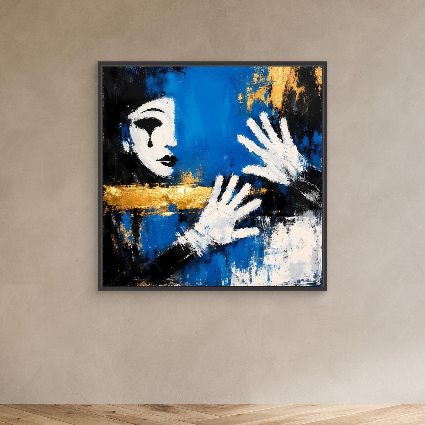 Leinwand Melancholischer Mime in Blau | Abstraktes Pierrot Wandbild Gold