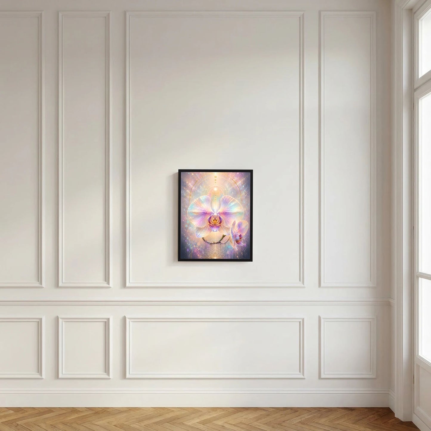 Gerahmtes Orchideenposter mit abstrakter Orchideenblüte in Pastellrosa, Lila, Türkis und goldenen Akzenten