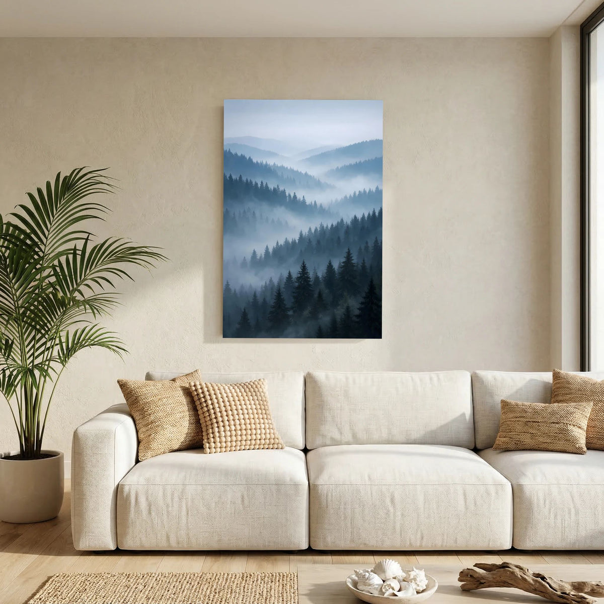 Hochformatiges Naturposter: nebliger Bergwald in Blau und Grau.