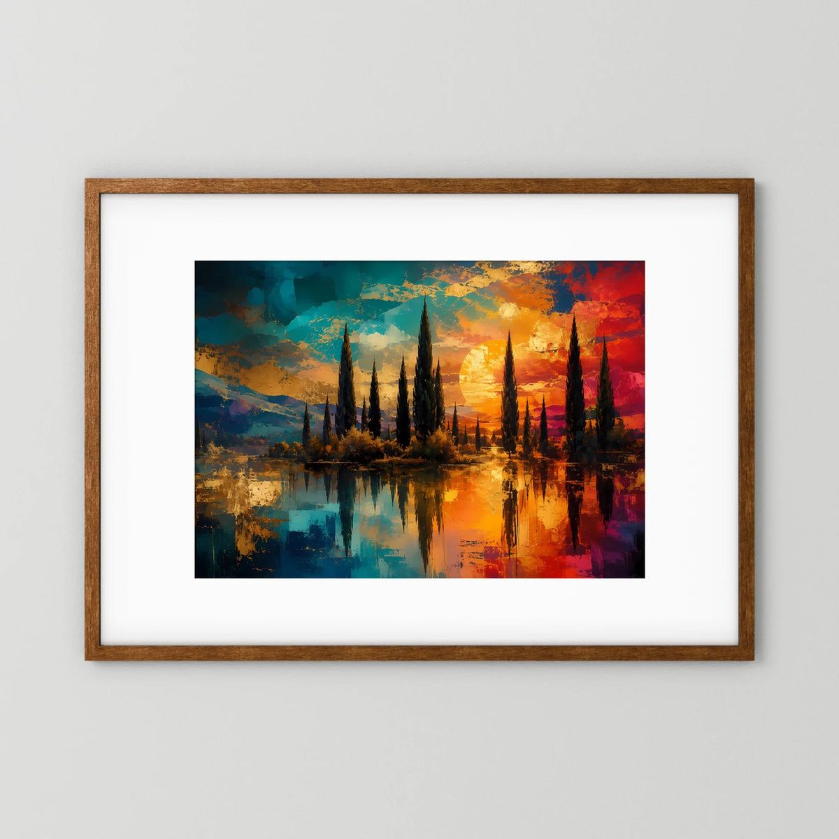 Gerahmtes Kunstposter mit Holzrahmen: Zypressenlandschaft, bunte Sonnenuntergangsfarben