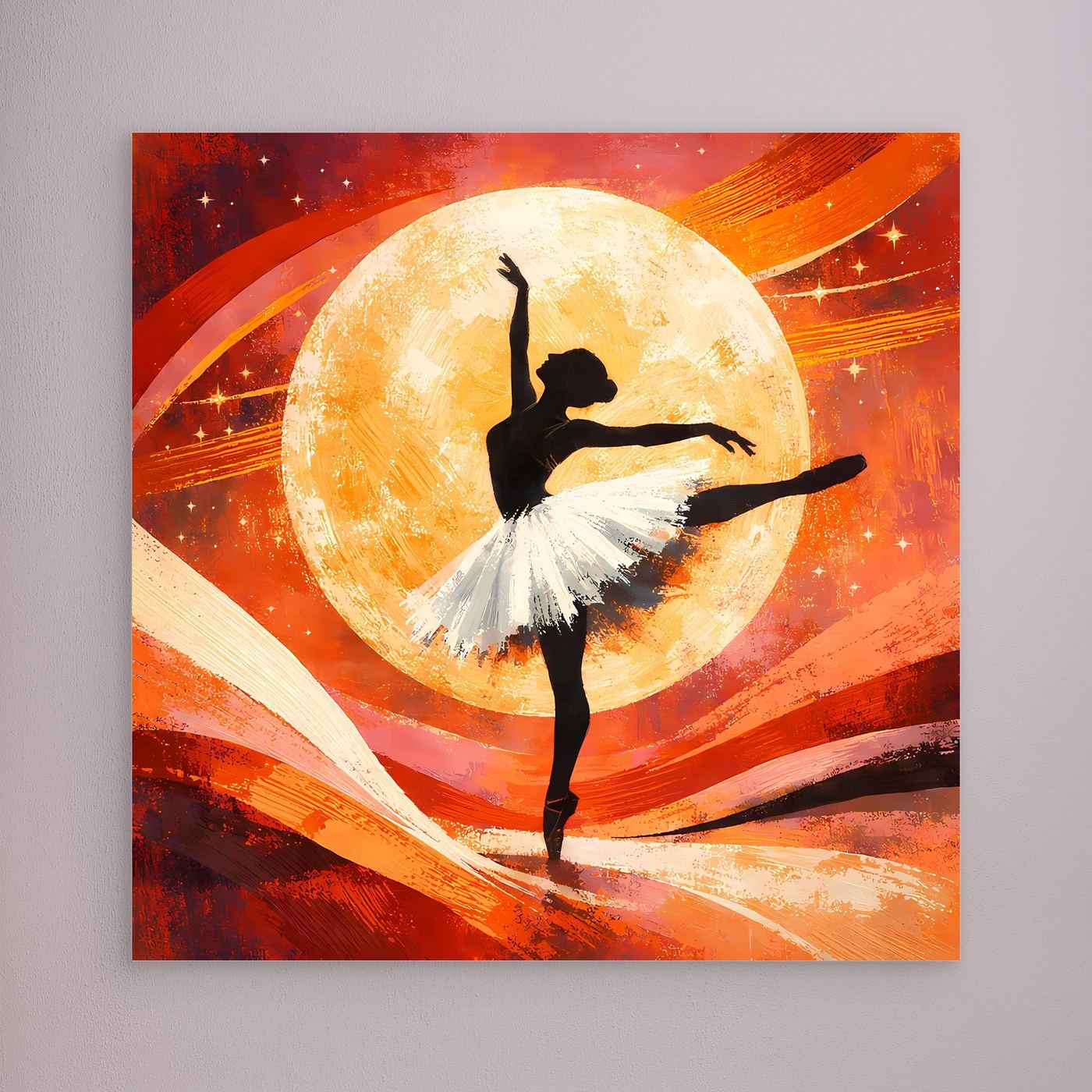 Leinwandbild ohne Rahmen: schwarze Ballerina vor hellem Vollmond, abstrakte Rot-Orange Farben