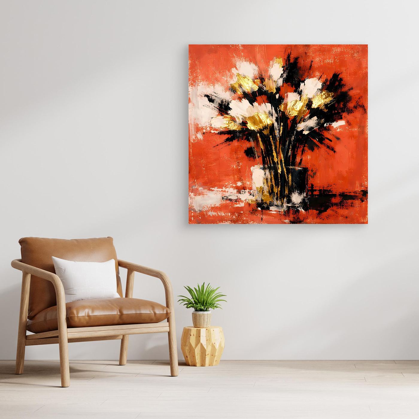 Abstraktes Blumenstrauß-Wandbild mit Holzrahmen: terrakotta Farbfläche, schwarze Vase, helle Blüten.