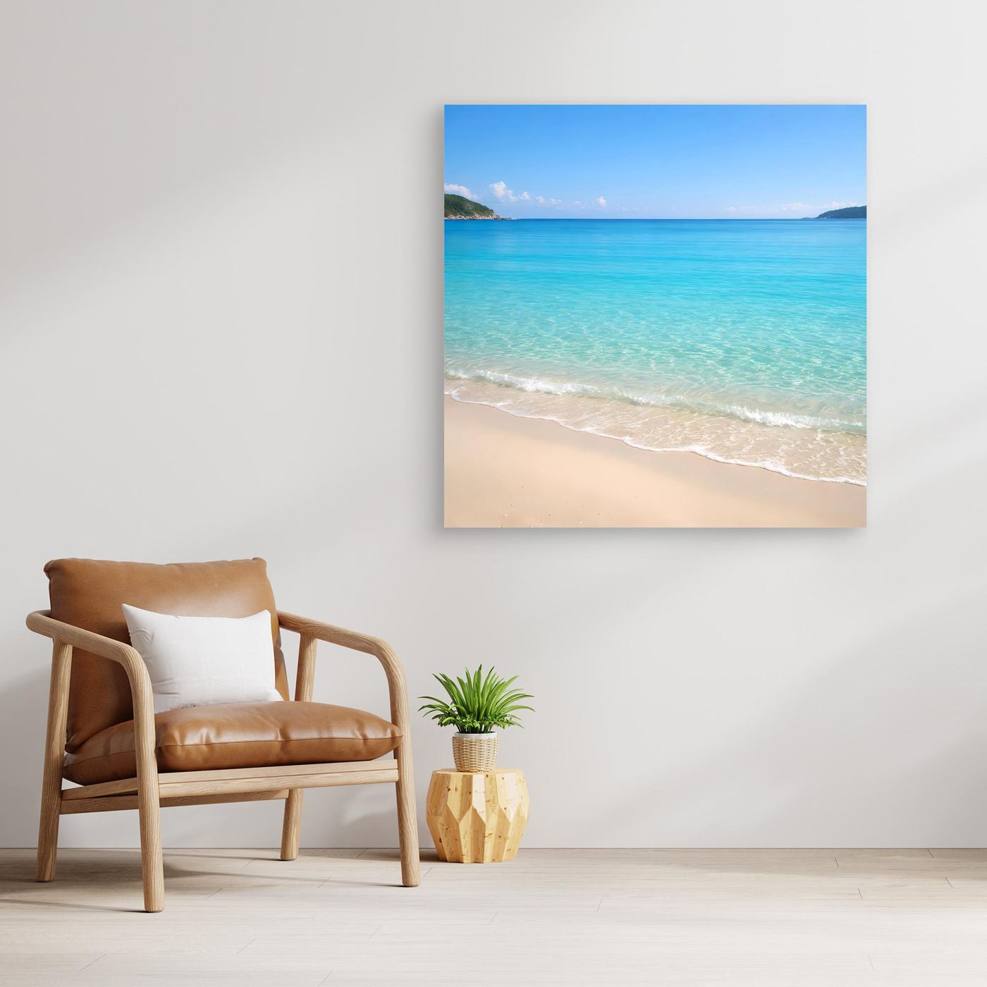 Quadratisches Leinwandbild Strand mit türkisfarbenem Meer und hellem Sand, ohne Rahmen