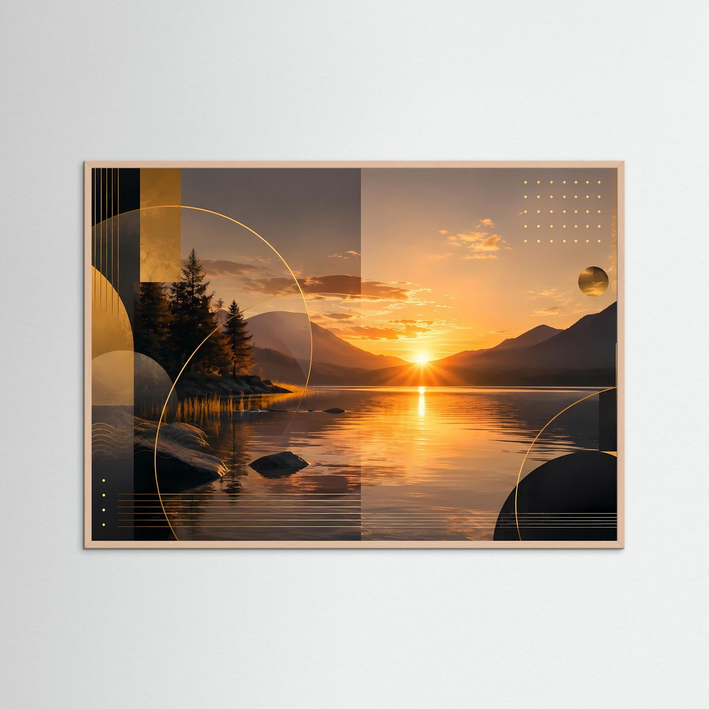 Querformat-Poster mit abstrakter Sonnenuntergangslandschaft, rosafarbenem Holzrahmen