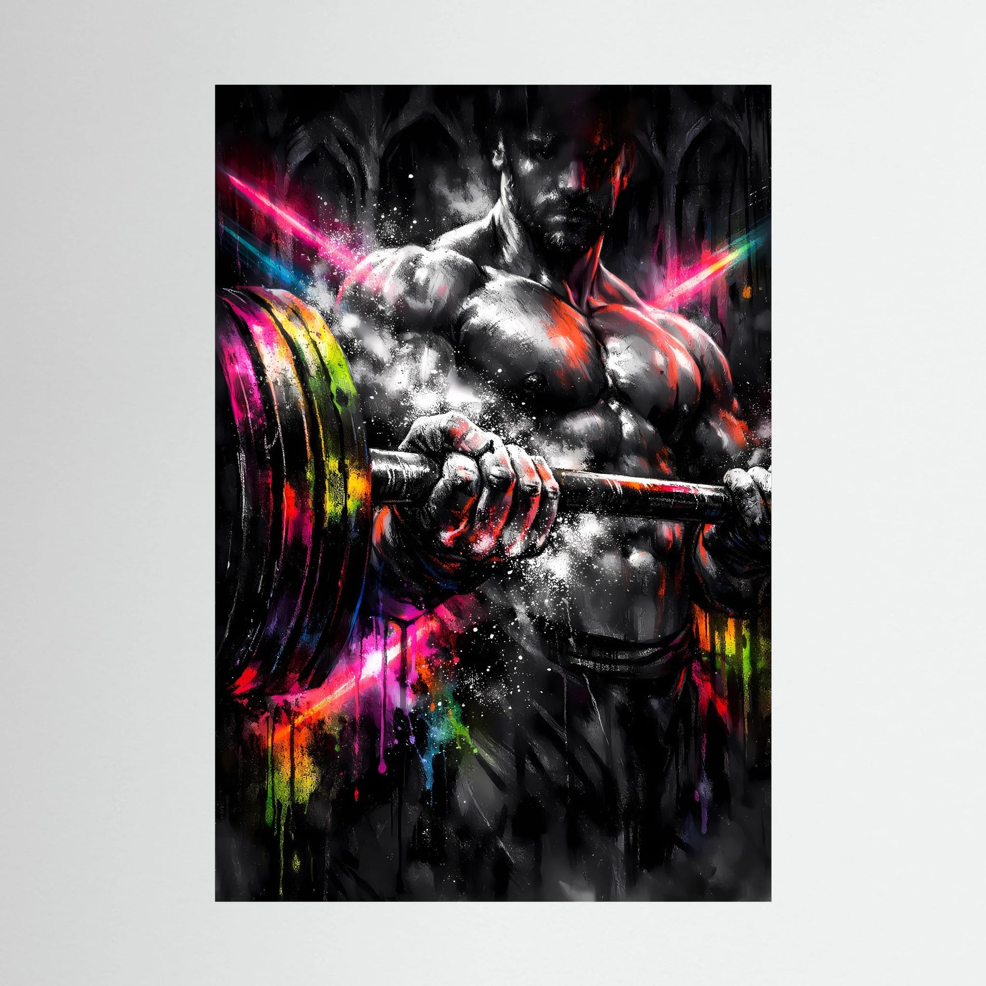 Kunstposter (Hochformat) Detail: Bodybuilder mit Langhantel, Neon-Lichtstrahlen und Farbspritzer