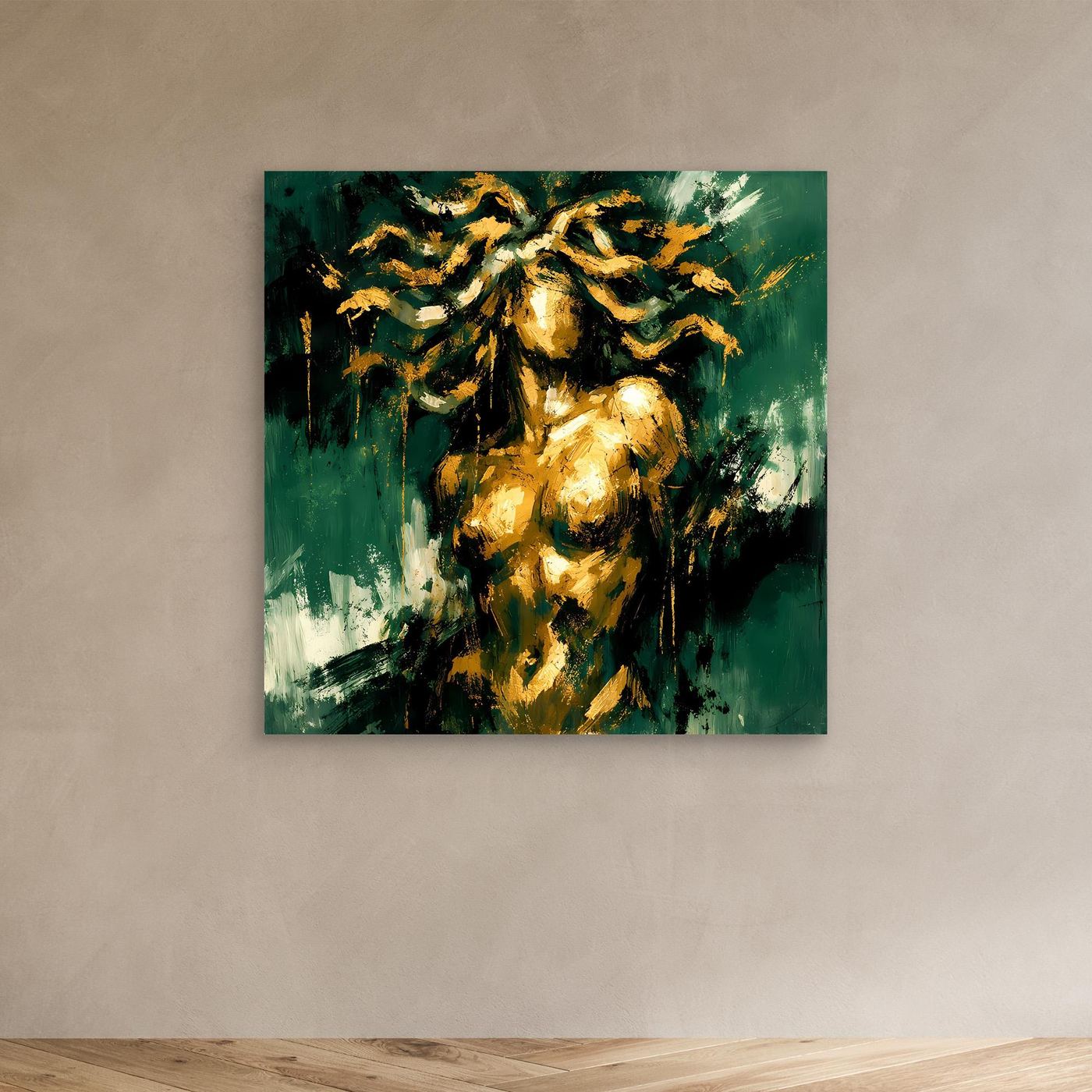 Leinwand Mystische Medusa in Smaragdgrün | Abstraktes Mythologie Wandbild Gold