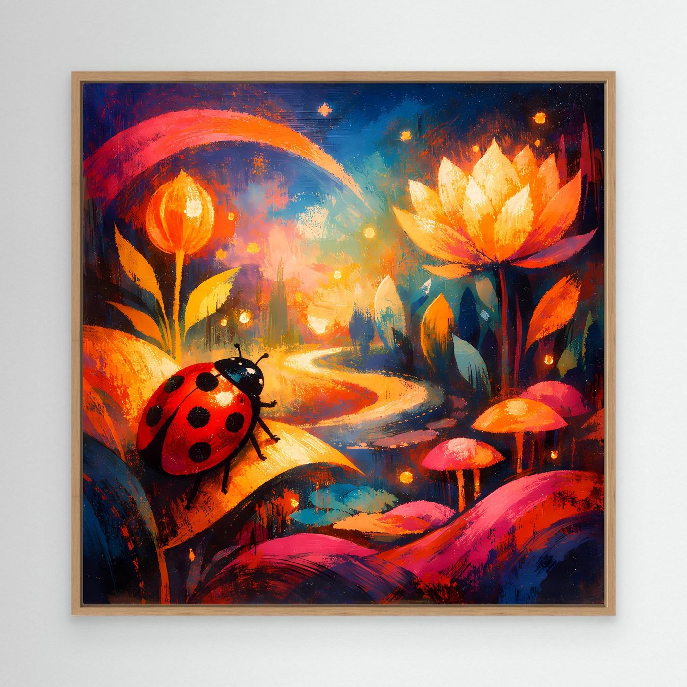 Leinwand-Wandbild mit Marienkäfer auf buntem Pfad und leuchtender Lotusblüte im Eichenrahmen