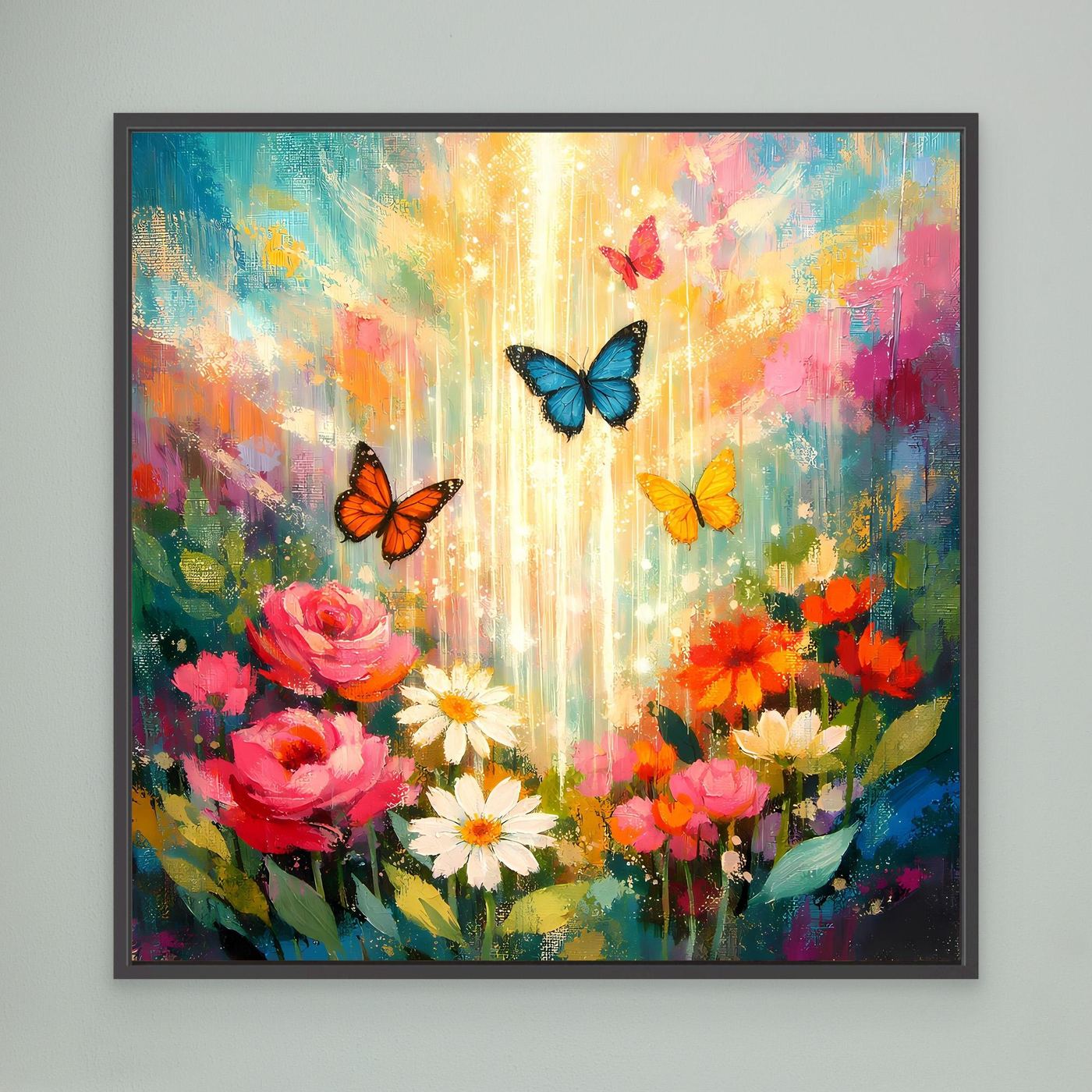 Wandbild auf Leinwand: bunte Blumen und Schmetterlinge, schwarz gerahmt