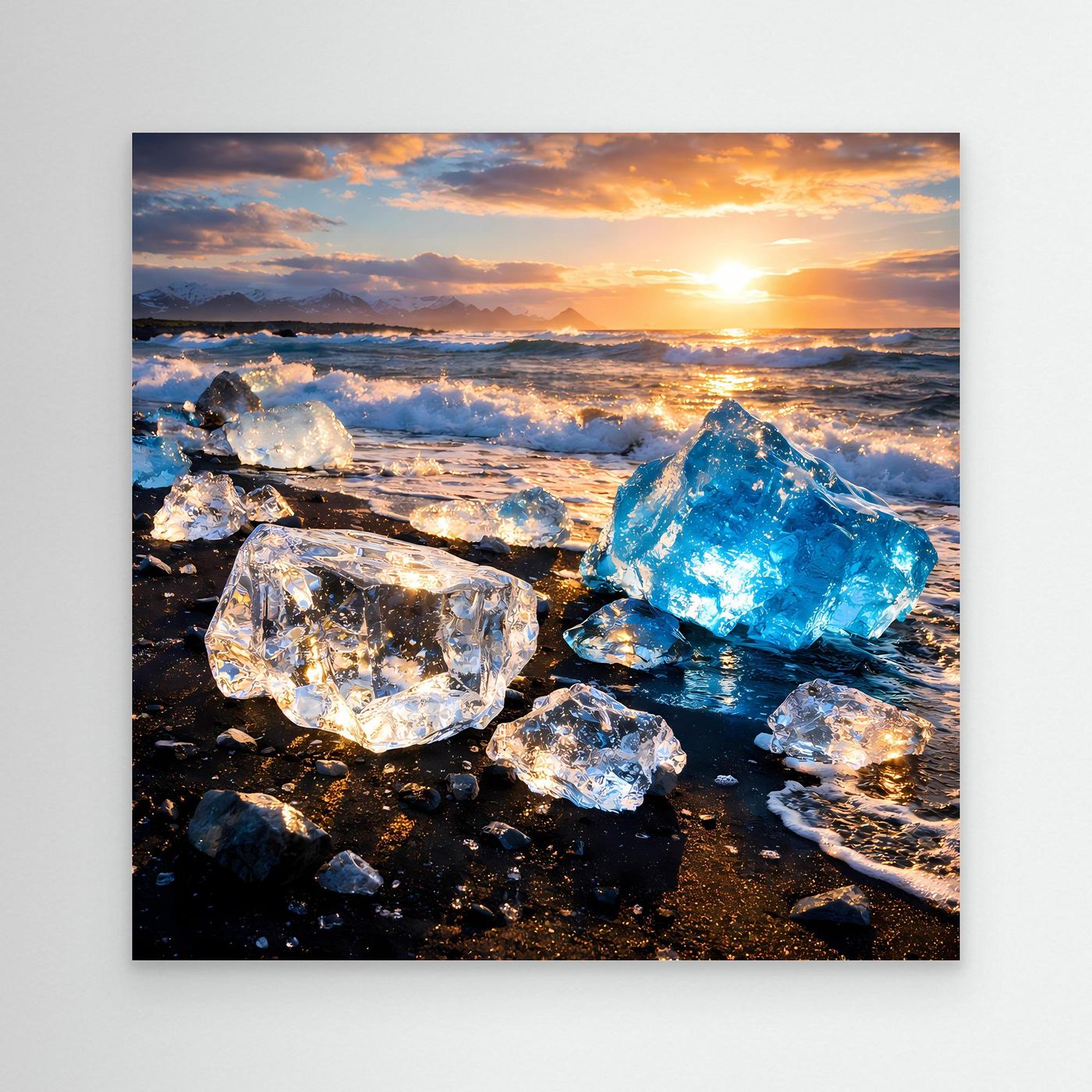 Leinwandbild mit Eisschollen und blauem Eis auf schwarzem Strand bei Sonnenuntergang