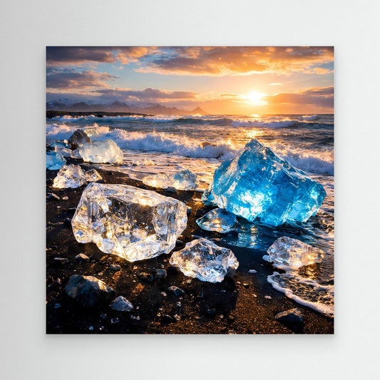 Leinwandbild mit Eisschollen und blauem Eis auf schwarzem Strand bei Sonnenuntergang