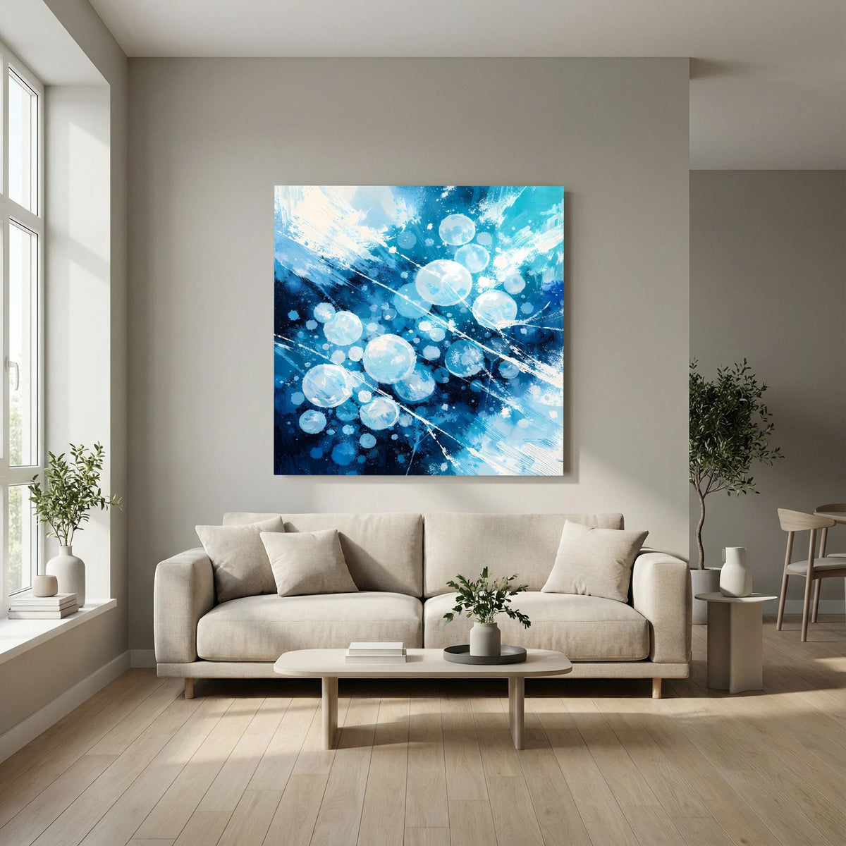 Quadratisches Leinwand-Wandbild mit blauen Eisblasen und hellen, funkelnden Lichtpunkten.