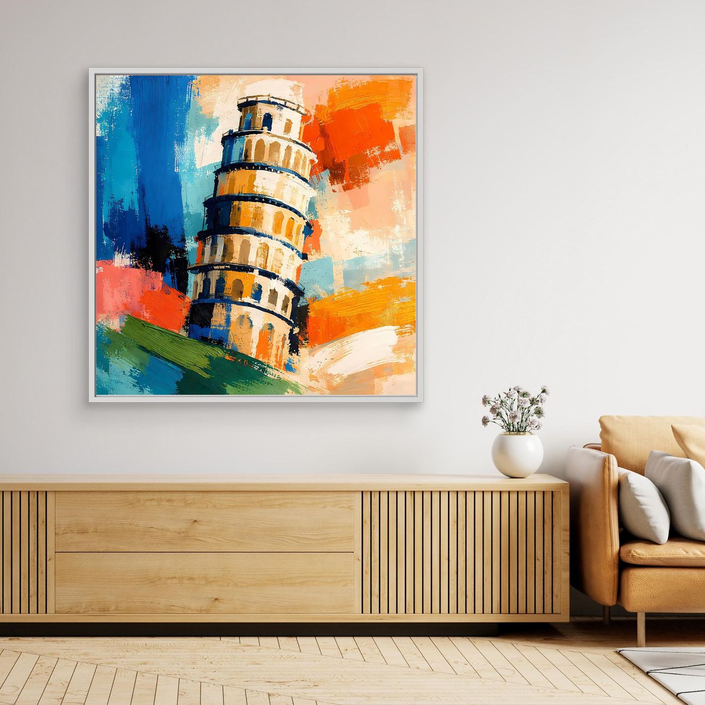 Framed abstract canvas wall art with a colorful lighthouse tower, white frame
