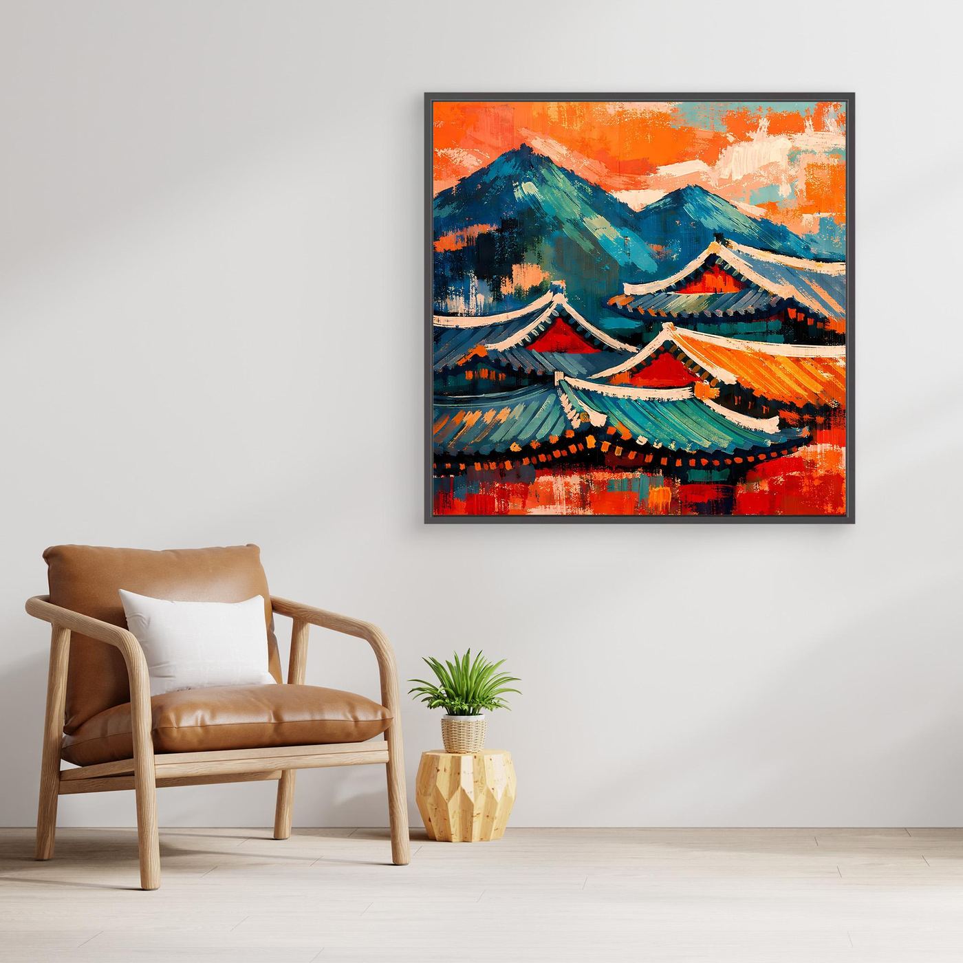 Abstraktes Wandbild mit Pagodendächern und Bergen in Blau-Orange-Farben, mit Rahmen