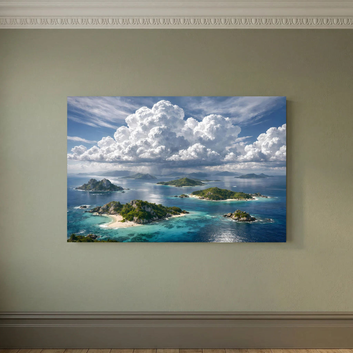 Poster quer mit Blick auf mehrere Inseln, türkisblaues Meer und ausgedehnte Wolken