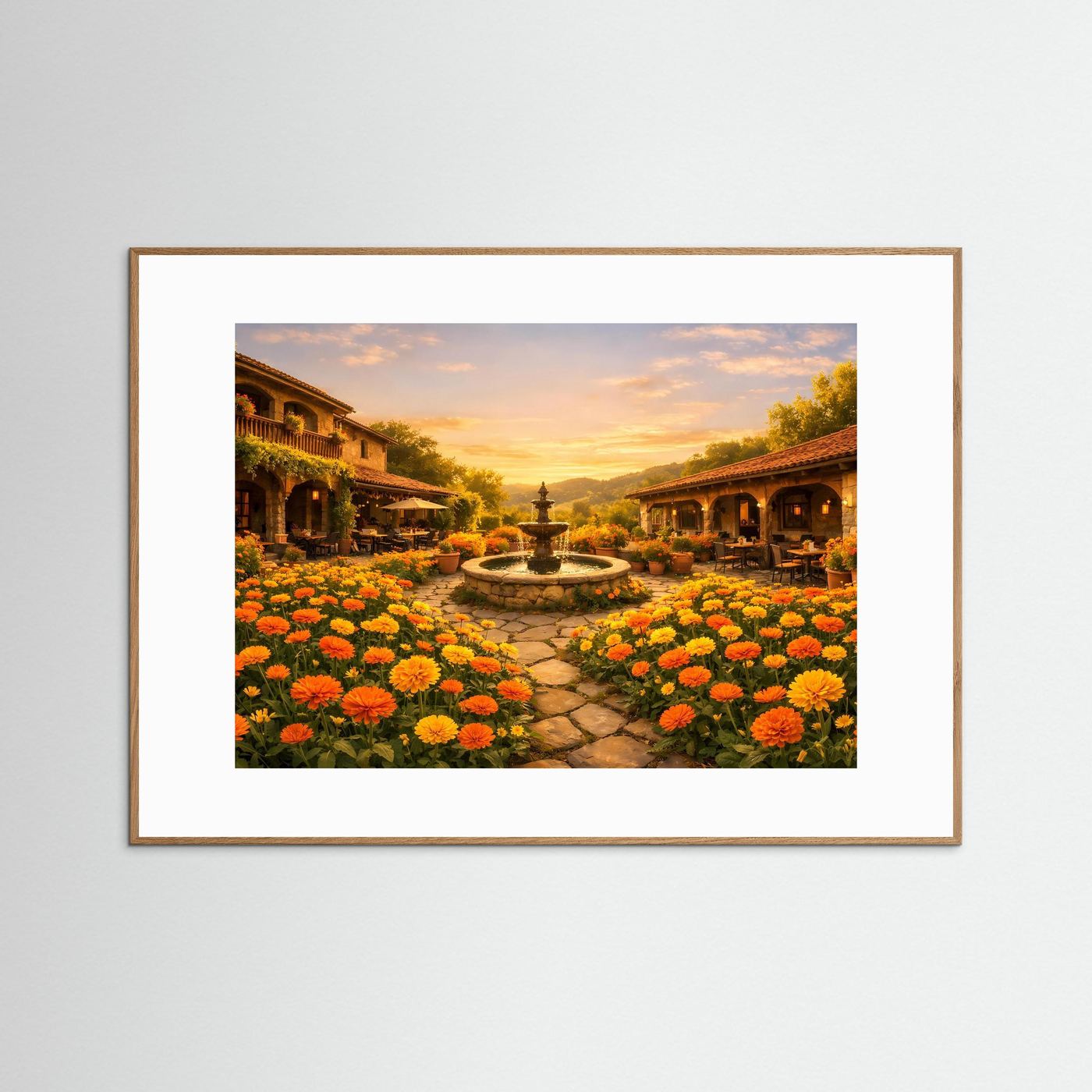 Wandbild mit braunem Rahmen und weißem Passepartout: Innenhofbrunnen und Blumen