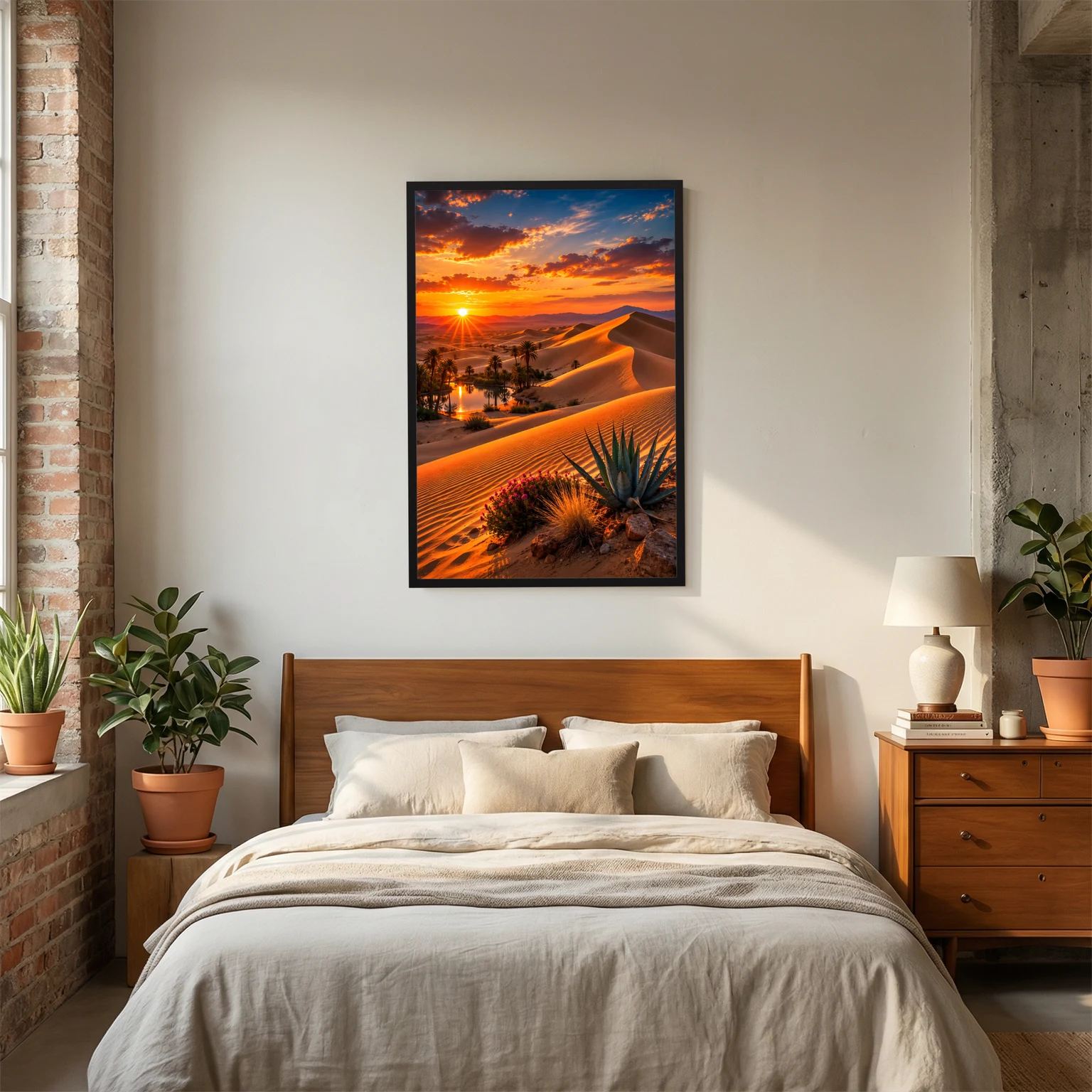 Hochformatiges Wüstenlandschafts-Poster mit Sonnenuntergang, schwarzer Rahmen im Schlafzimmer