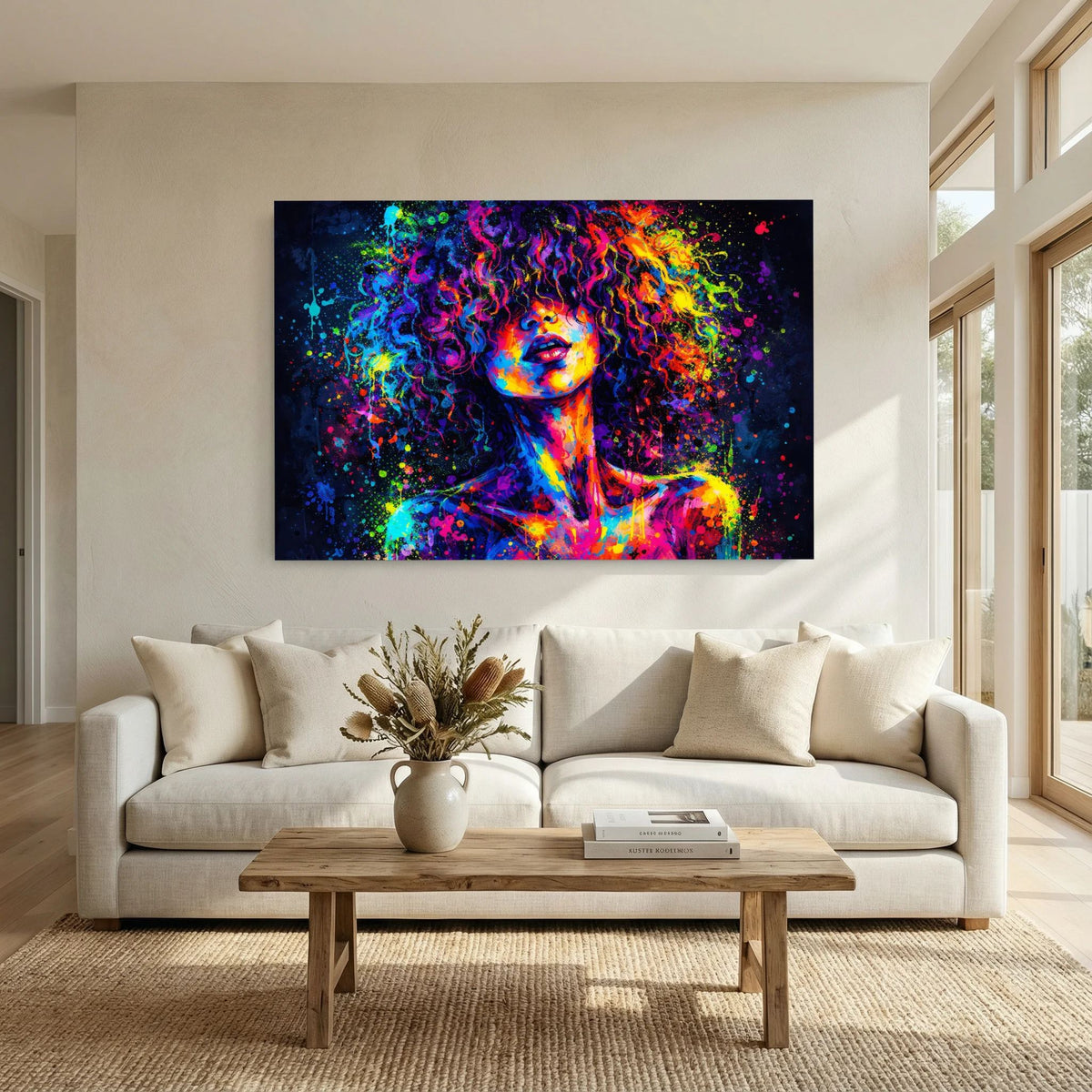 Neonfarbenes Wandbild mit abstrakter Frauenbüste und Farbexplosion, Querformat