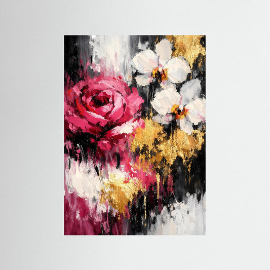 Abstraktes Blumenposter im Hochformat, rote Rose, weiße Blüten, goldene Farbakzente