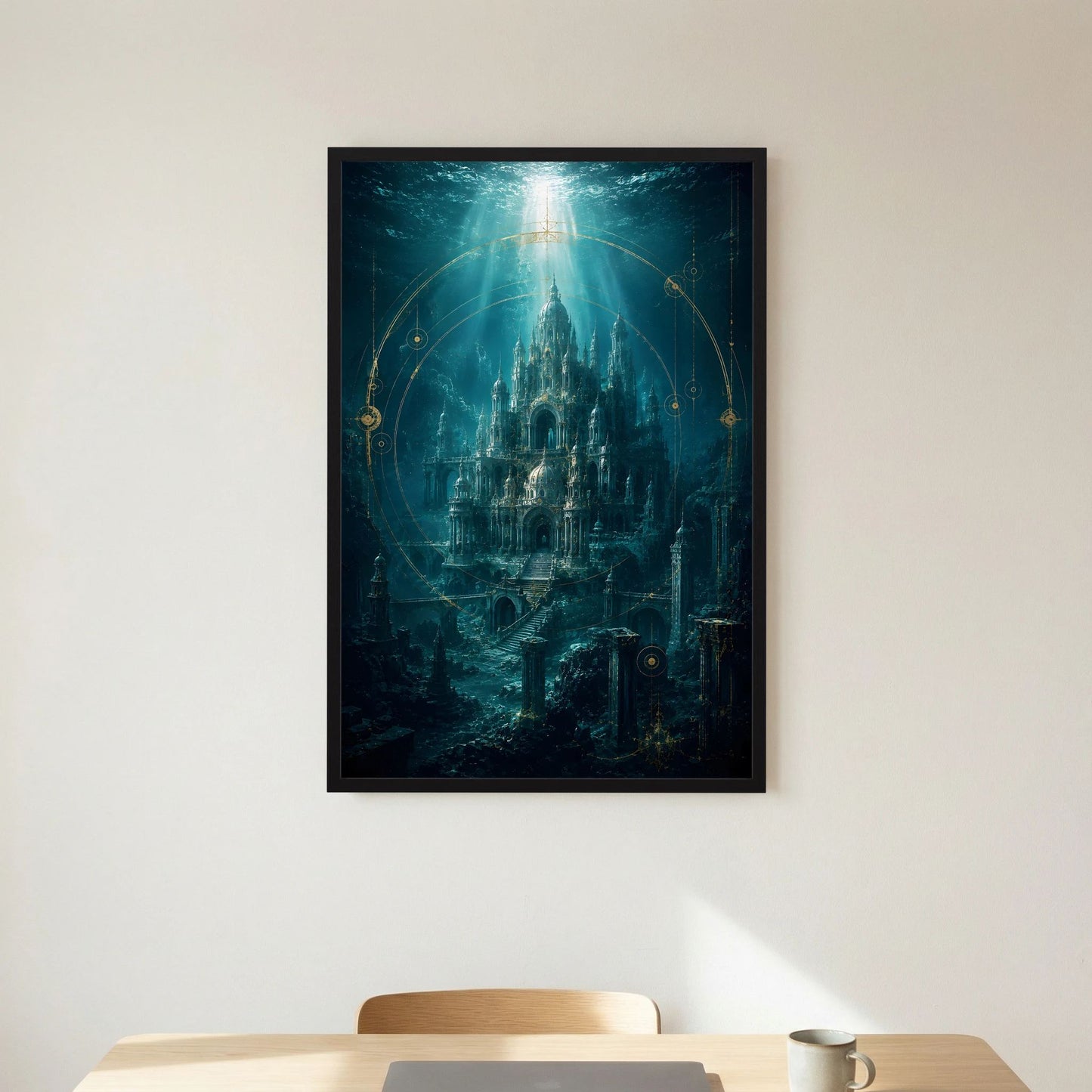 Gerahmtes Kunstposter, schwarze Umrandung, mystische Unterwasserstadt in Türkis & Gold