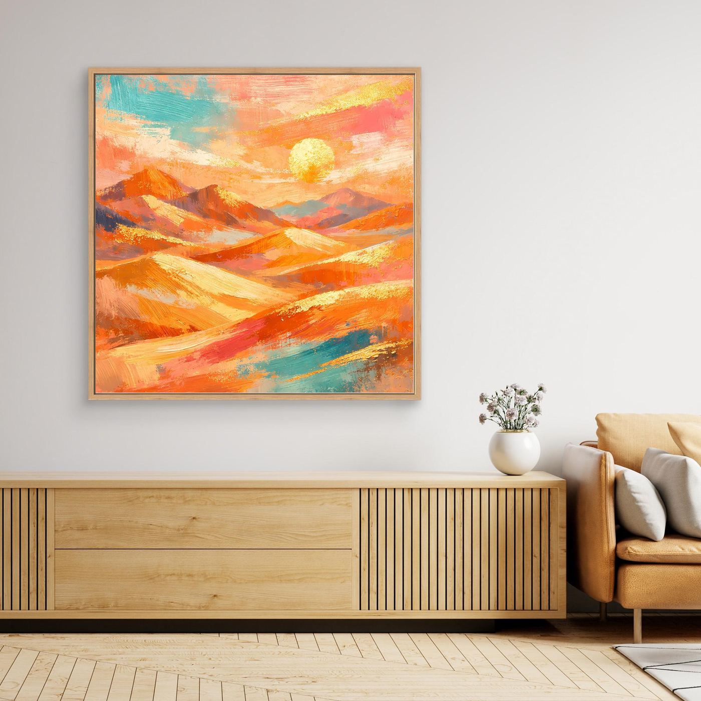 Quadratisches Leinwandbild mit Wüstenbergen in Pastell, orange Sonne und türkis Akzenten