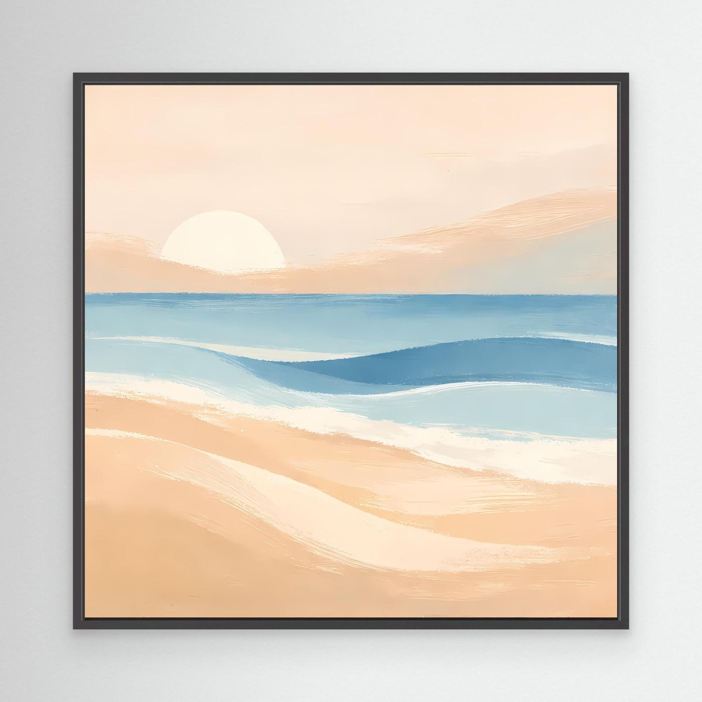 Abstraktes Leinwandbild Strand und Sonnenuntergang mit schwarzem Rahmen