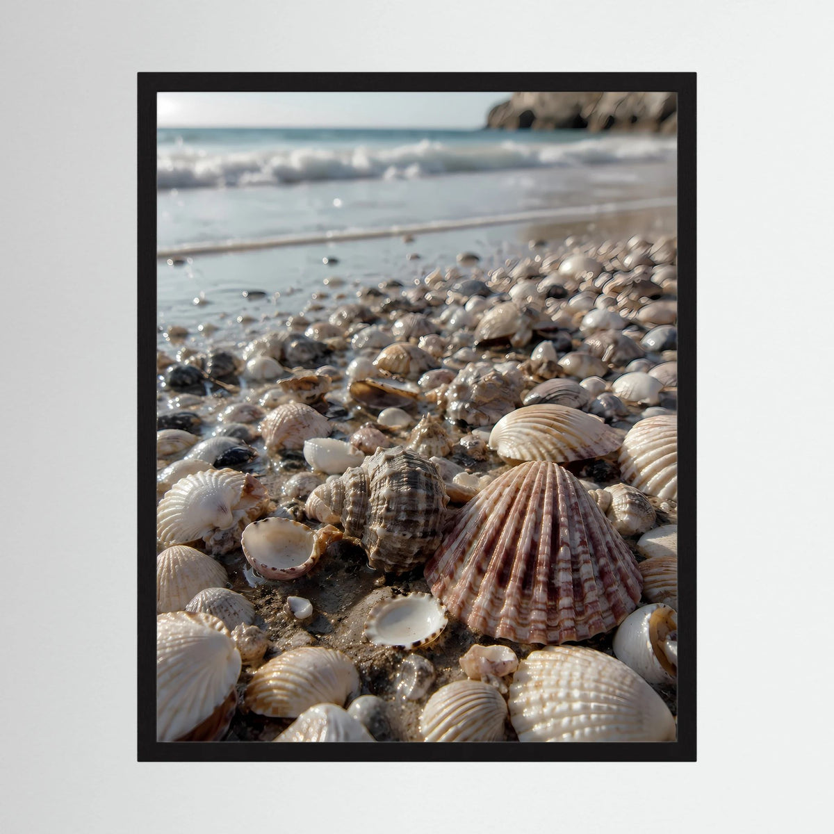 Gerahmtes Poster (schwarzer Rahmen) mit Muscheln am Strand in Naturtönen