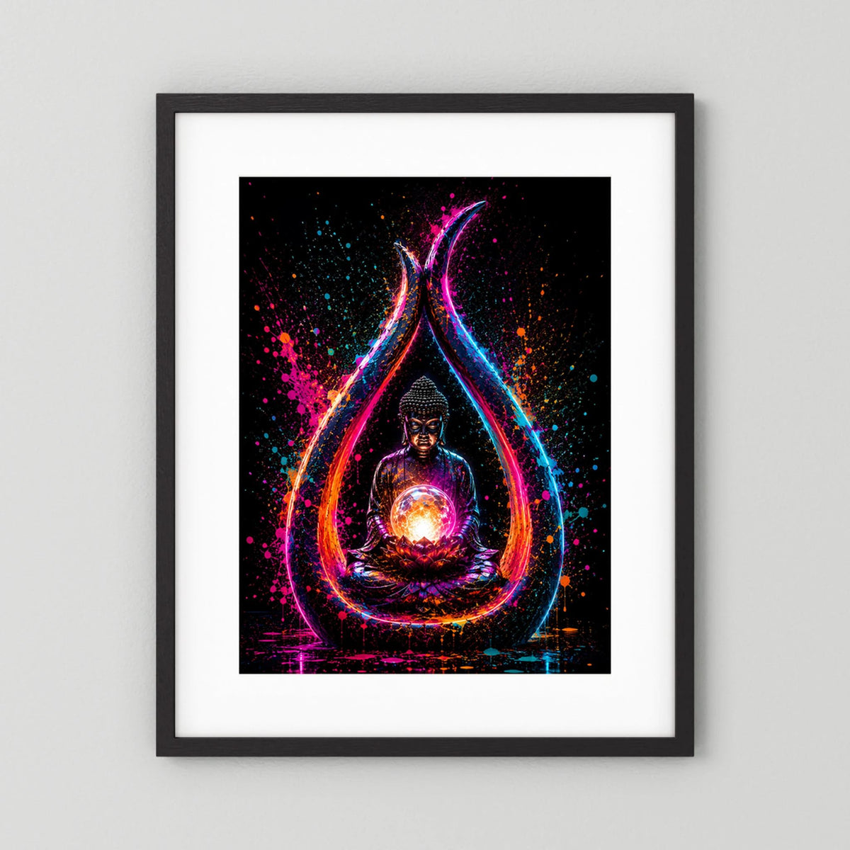 Buddha in Neonfarben | Meditation mit leuchtender Lotusblüte | Poster Hochformat