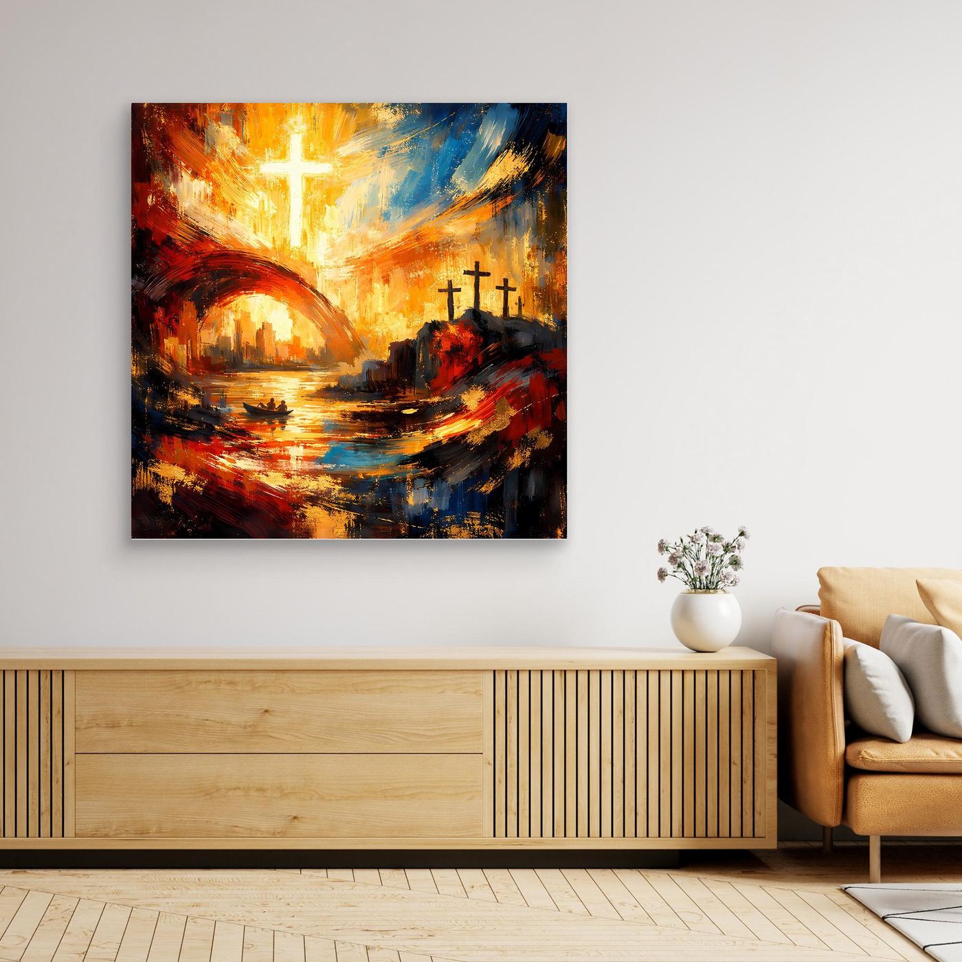Leinwandbild mit Holzrahmen, nahes Motiv mit leuchtendem Kreuz über Wasser und Hügeln