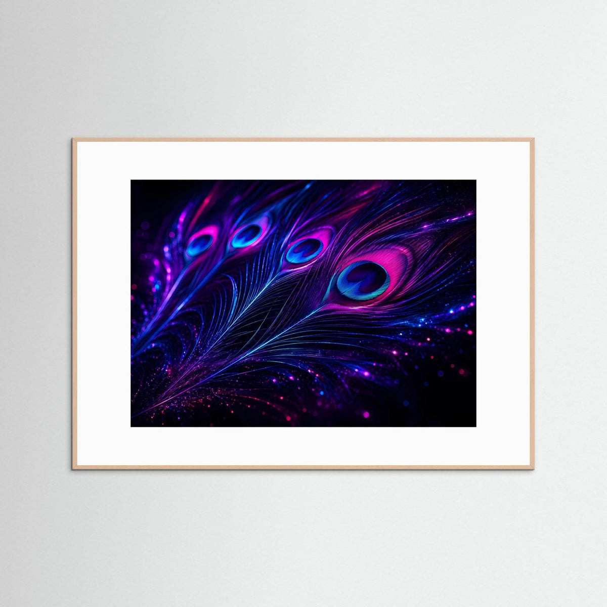 Leuchtende Pfauenfeder-Wandkunst mit Neon-Feder, magenta und blau, hellbraun gerahmt