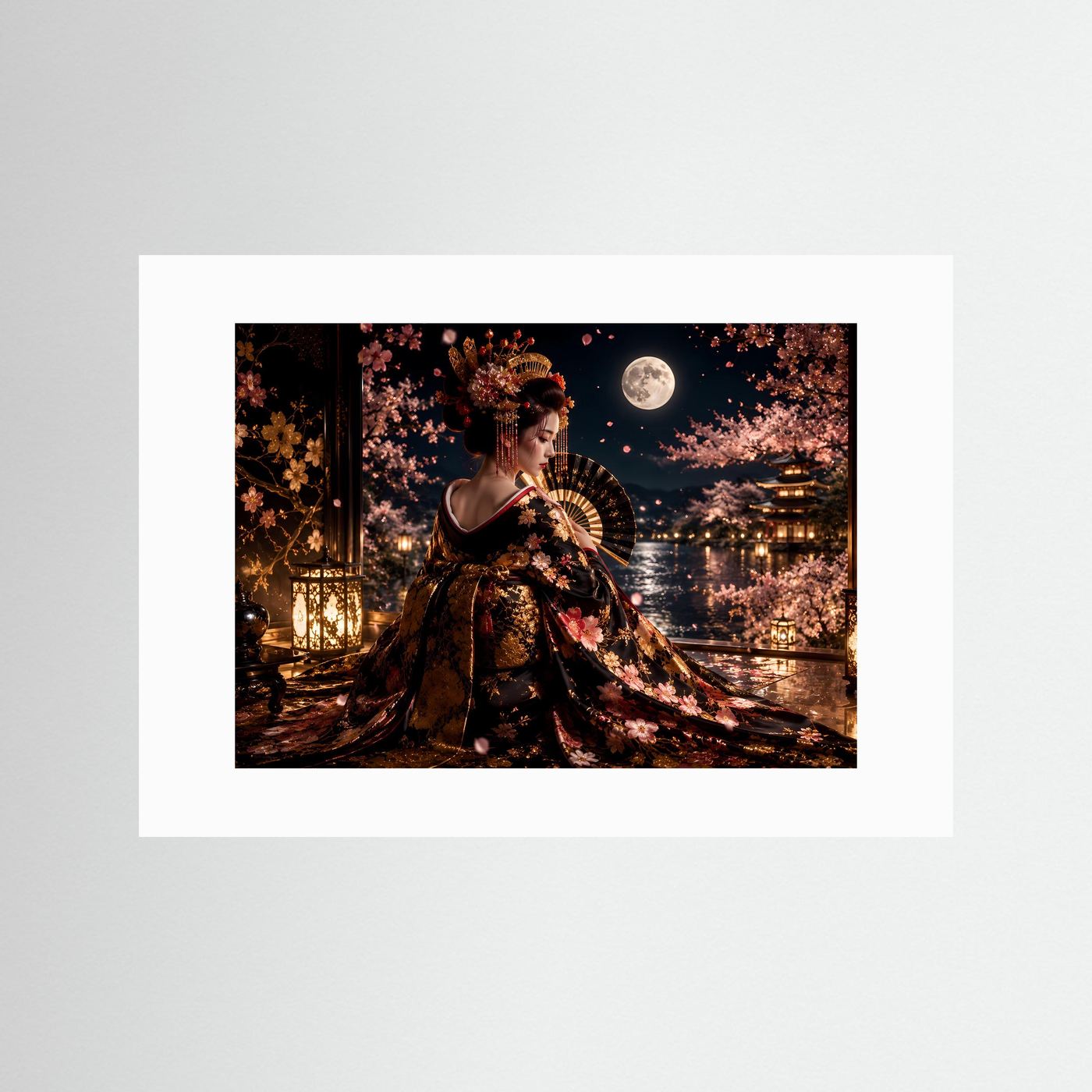 Elegante Geisha unter Kirschblüten | Japanische Kunst & Mondschein Poster Querformat