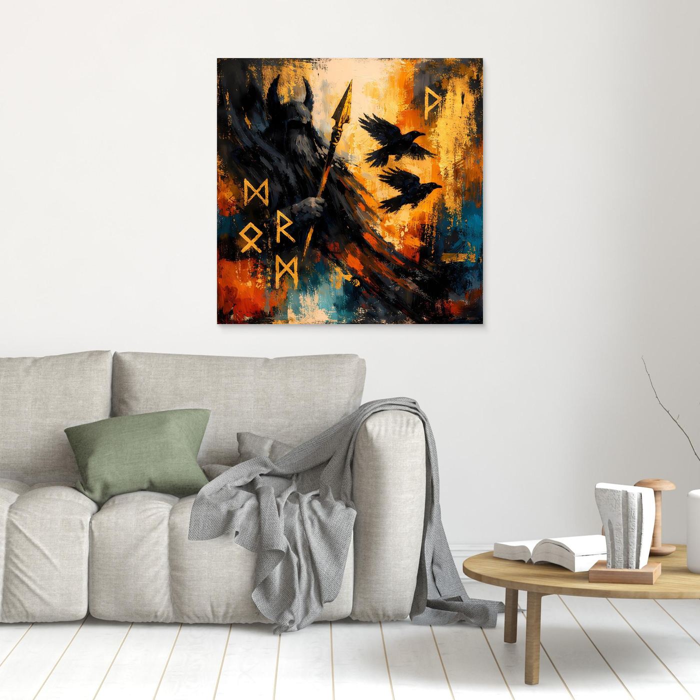 Kleines abstraktes Wandbild mit Odin-Silhouette, Speer und Runen