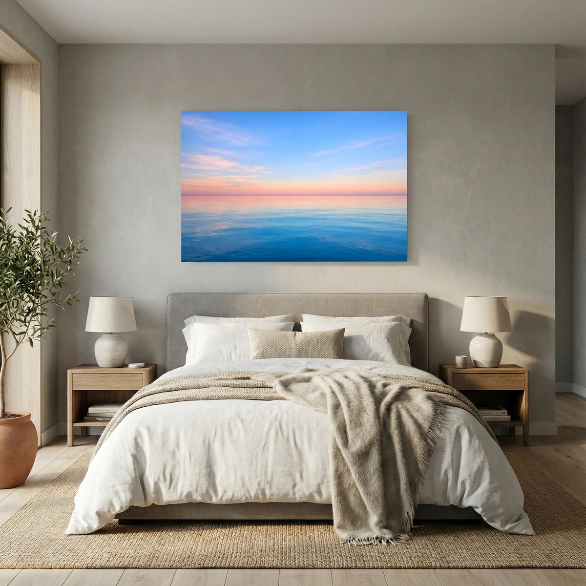 Querformat-Wandbild Meer bei Sonnenuntergang, Himmel mit Pastellverlauf, blau eingefasst