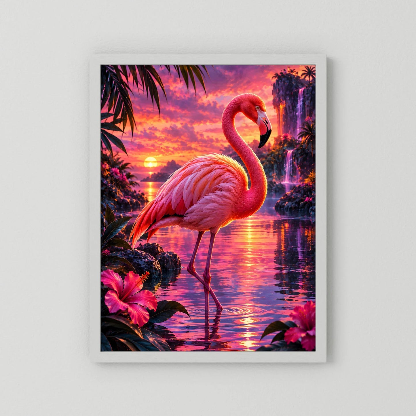 Flamingo-Tierposter im Hochformat mit weißem Passepartout und tropischer Szene
