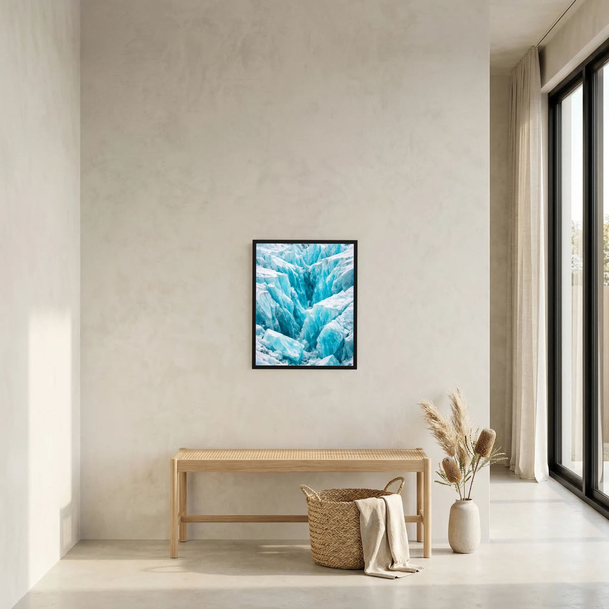 Wandbild im Hochformat mit türkisblauen Gletschern und weißen Eisflächen, schwarzer Rahmen