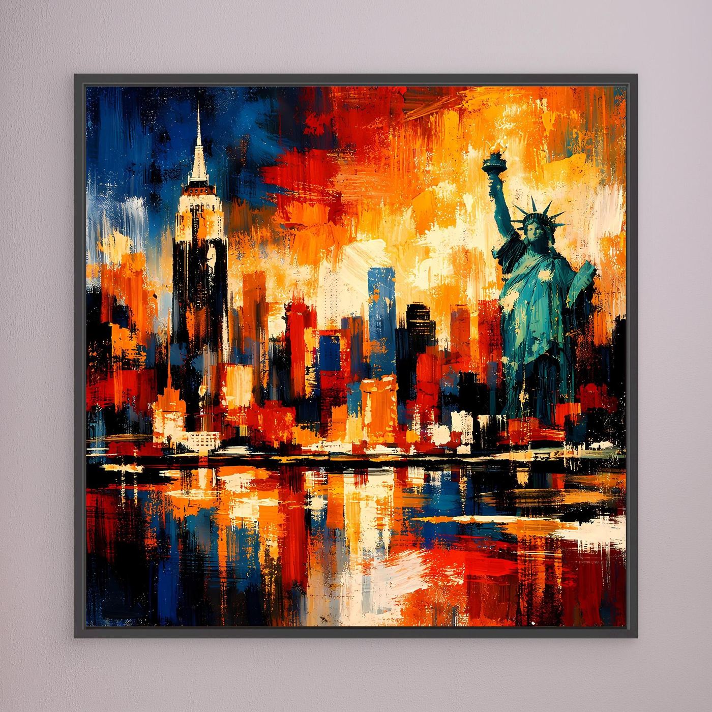 Leinwandbild mit abstrakter Skyline und Freiheitsstatue, schwarz gerahmt, mit Reflexion