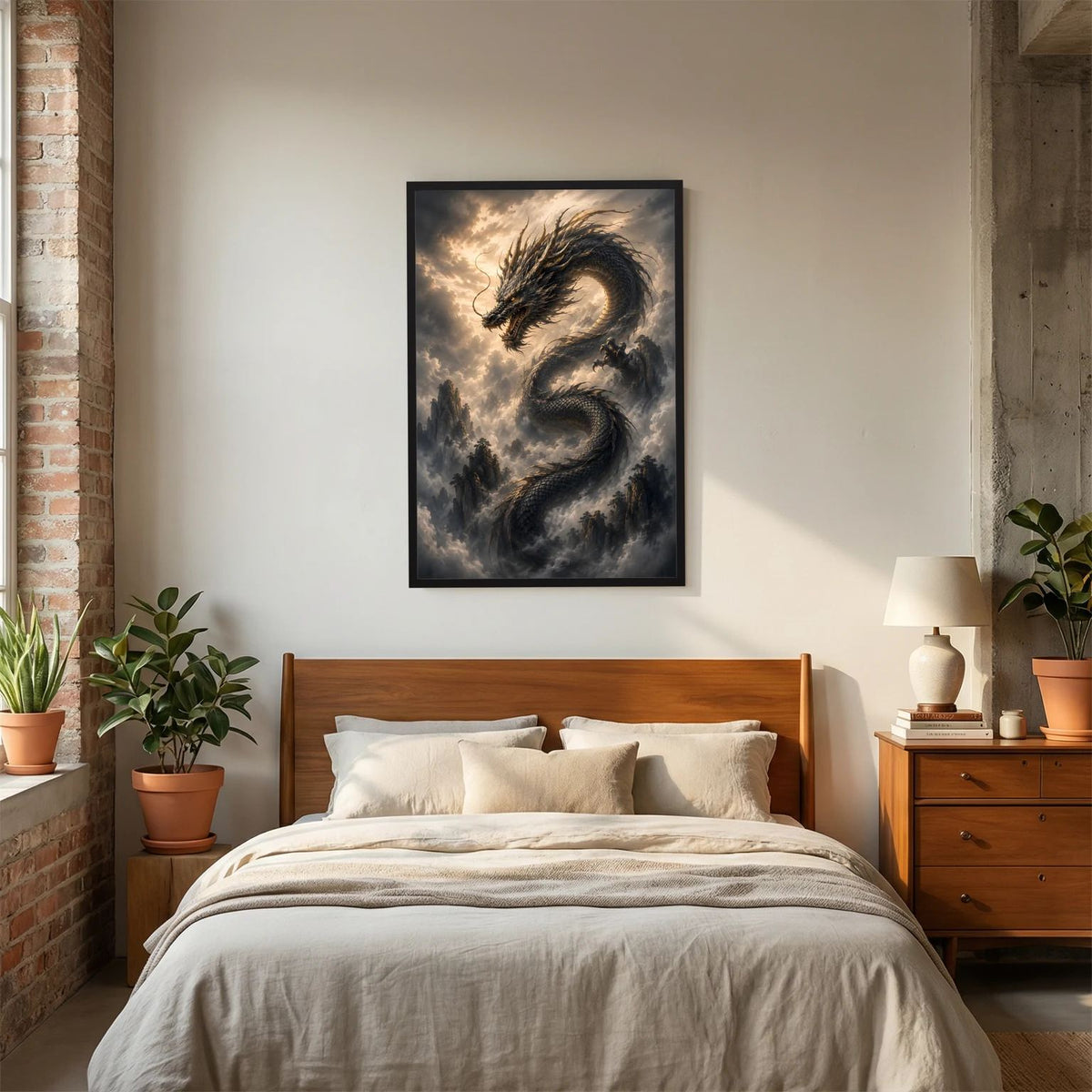 Drachenposter mit schwarzem Drachen über Wolkenbergen im Hochformat, schwarzer Rahmen