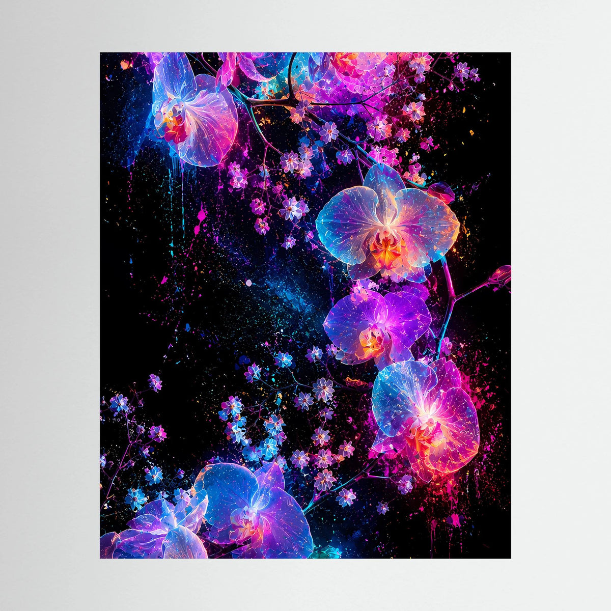 Hochformatiges Kunstposter mit leuchtenden Orchideen in Pink, Violett und Blau