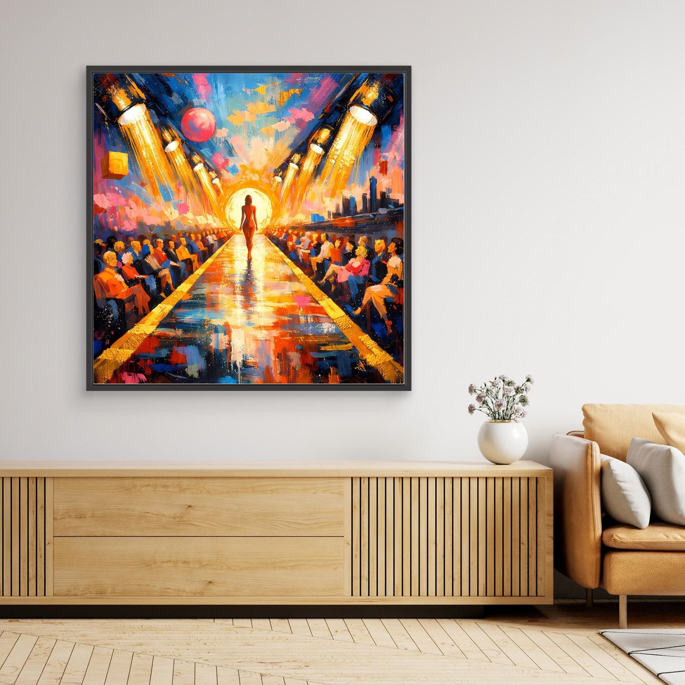 Leinwandbild im schwarzen Rahmen, abstraktes Pop-Art-Laufstegmotiv in Blau und Orange