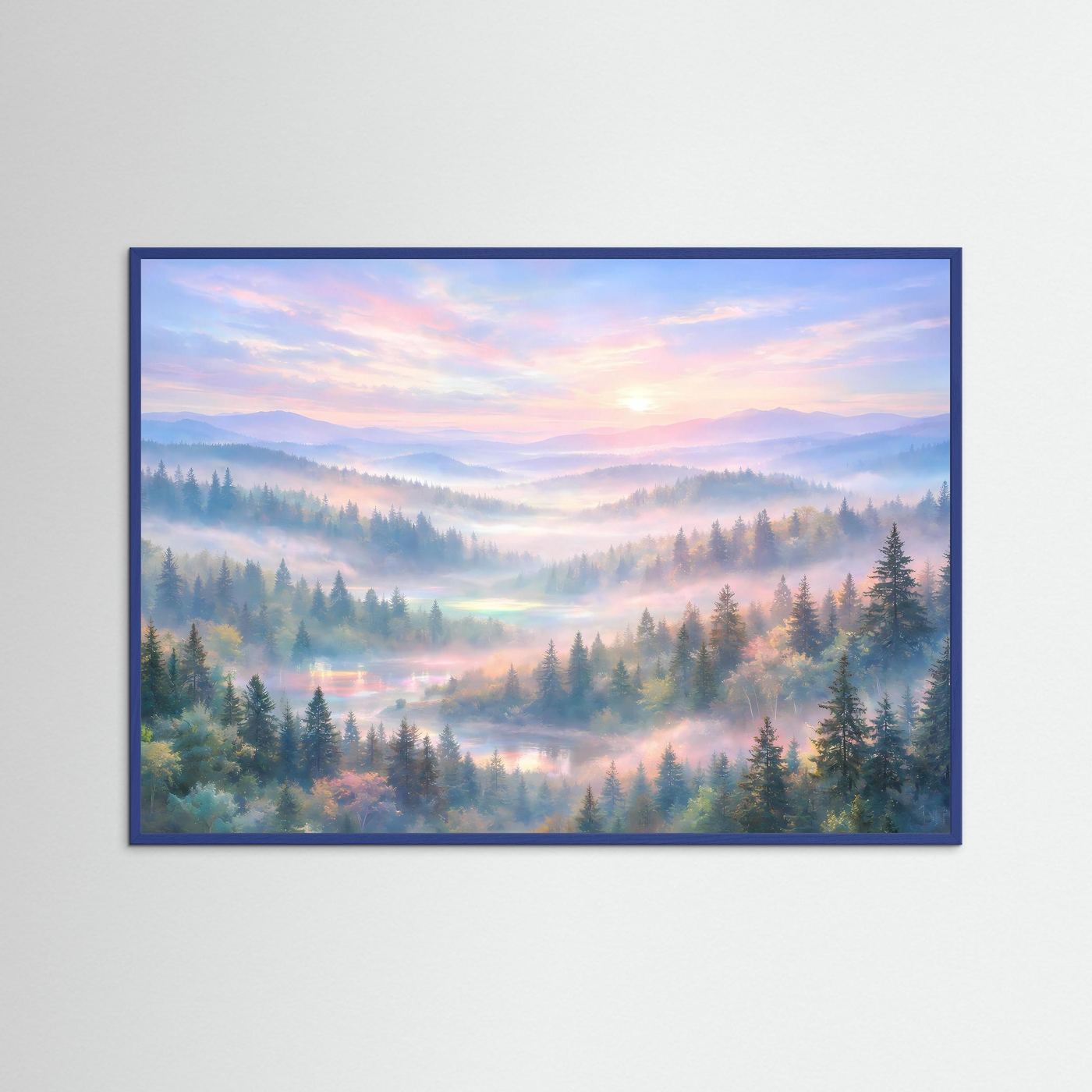 Poster mit Waldlandschaft im Morgendunst, Sonnenaufgang, mit blauem Rahmen.