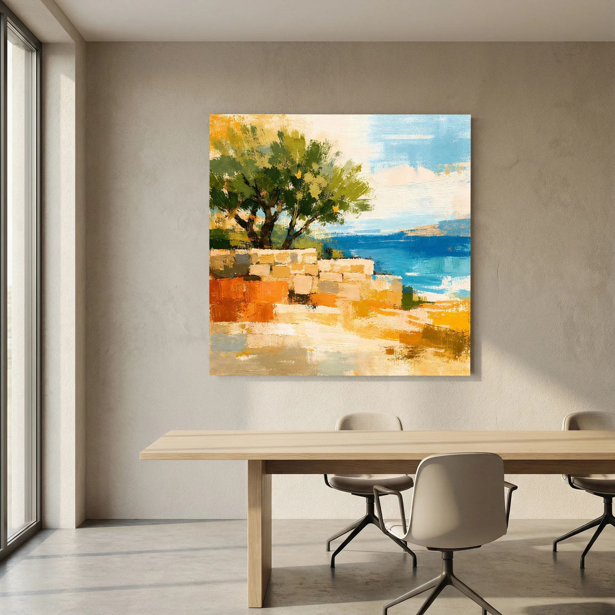 Quadratisches Leinwandbild: Olivenbaum vor blauem Meer und orangefarbenen Felsen