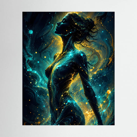 Poster mit abstrakter Silhouette einer Frau in Türkis und Gold, Hochformat, ohne Rahmen