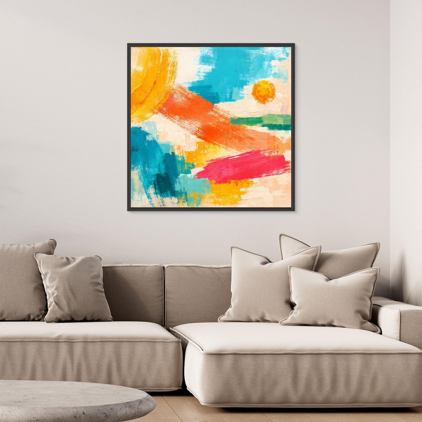 Black-framed abstract wall art with blue, orange, pink, and yellow paint strokes
