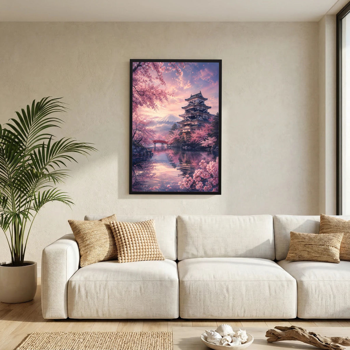 Hochformatiges Poster mit Sakura, Tempelpagode und Bergsilhouette im schwarzen Rahmen