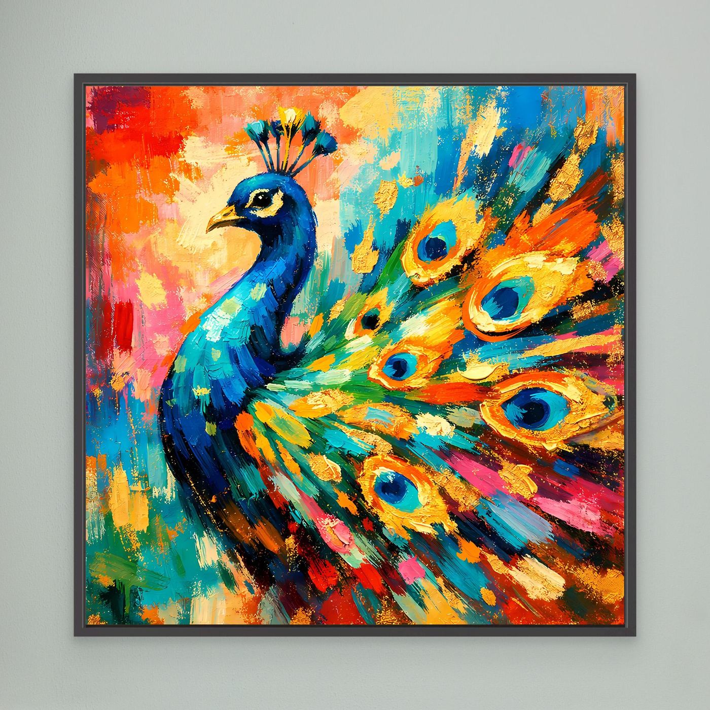 Leinwandbild mit abstraktem Pfau, bunte Federn und Pfauenaugen, schwarzer Rahmen