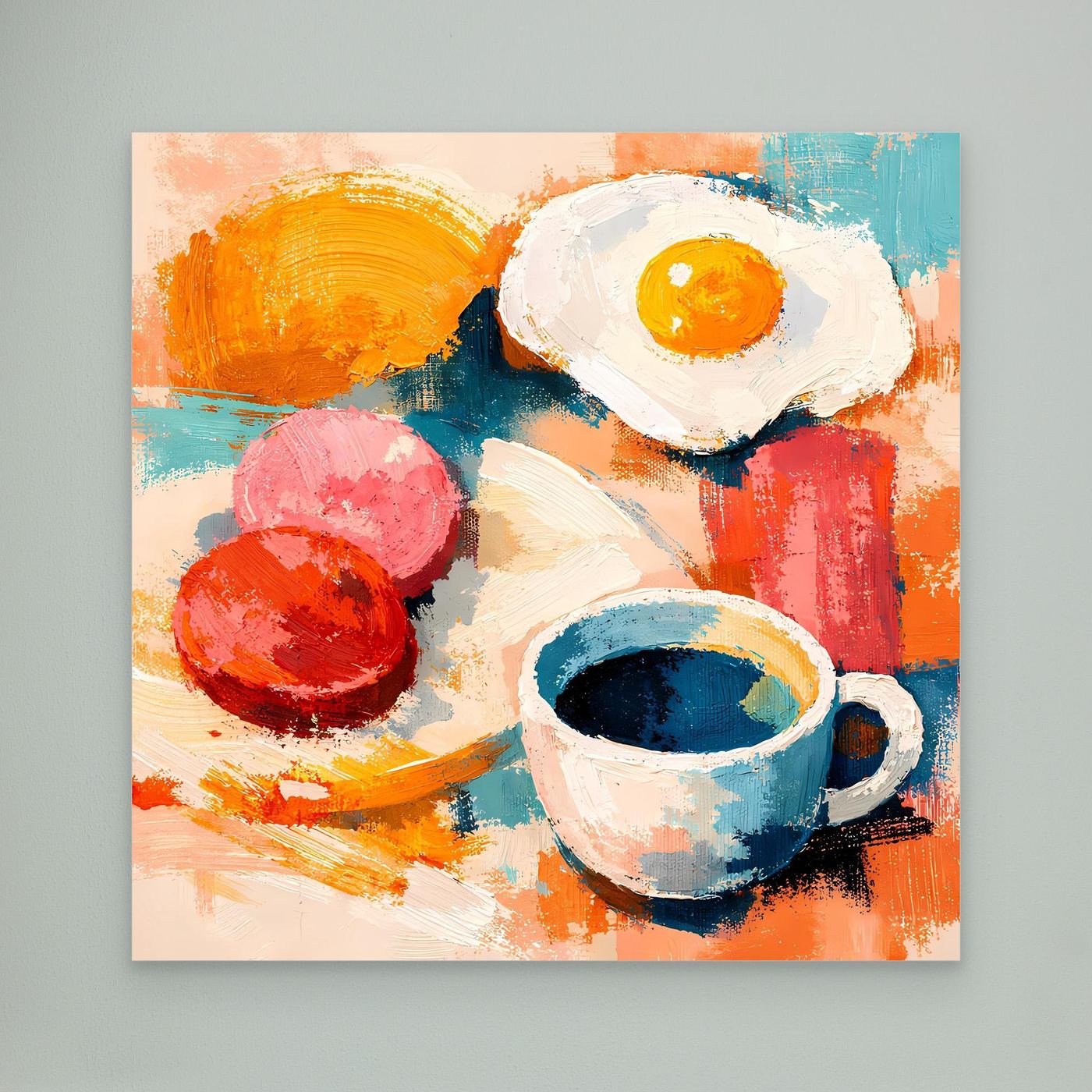 Abstraktes Leinwandbild mit Spiegelei, blauem Kaffeebecher, roten Früchten und orangefarbenen Flächen
